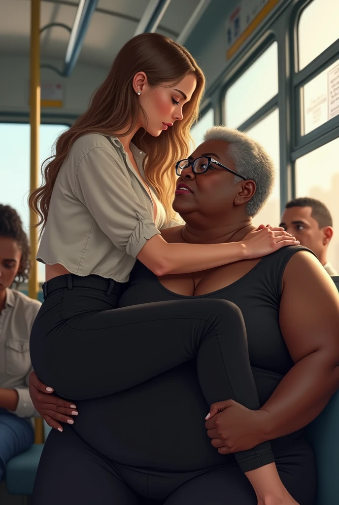 nsfw,hyperrealistic anime,adult curvy gyaru,tanned gyaru,man holding woman in arms and grabbing breast,standing,groped by man at train,dark brown hair,earring,plain blouse,patterned skirt,man groping woman from side,