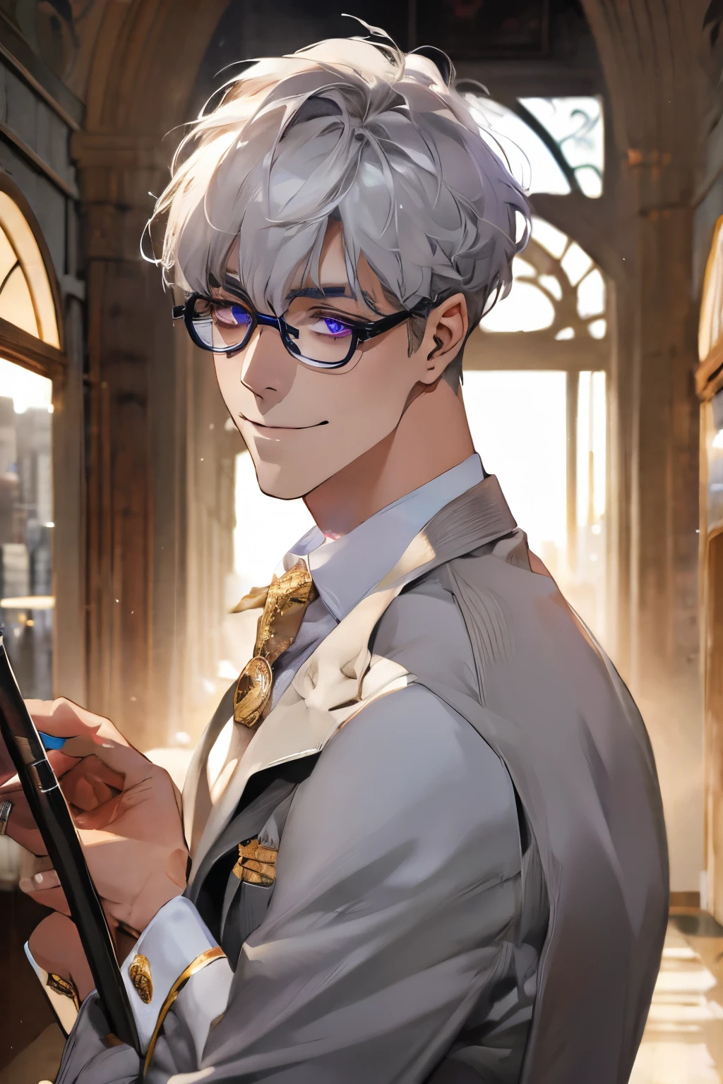 Short_silver_hair, hair_back_side, small_bangs_on the sides, 1adult_man, really_purple_eyes, beautiful_and_detailed_eyes, nice_smile, dress, white_business_suit, holding_a_silver_cane_with_gold_handle, detailed_hands, wearing_white_glasses, better_quality, HD_quality