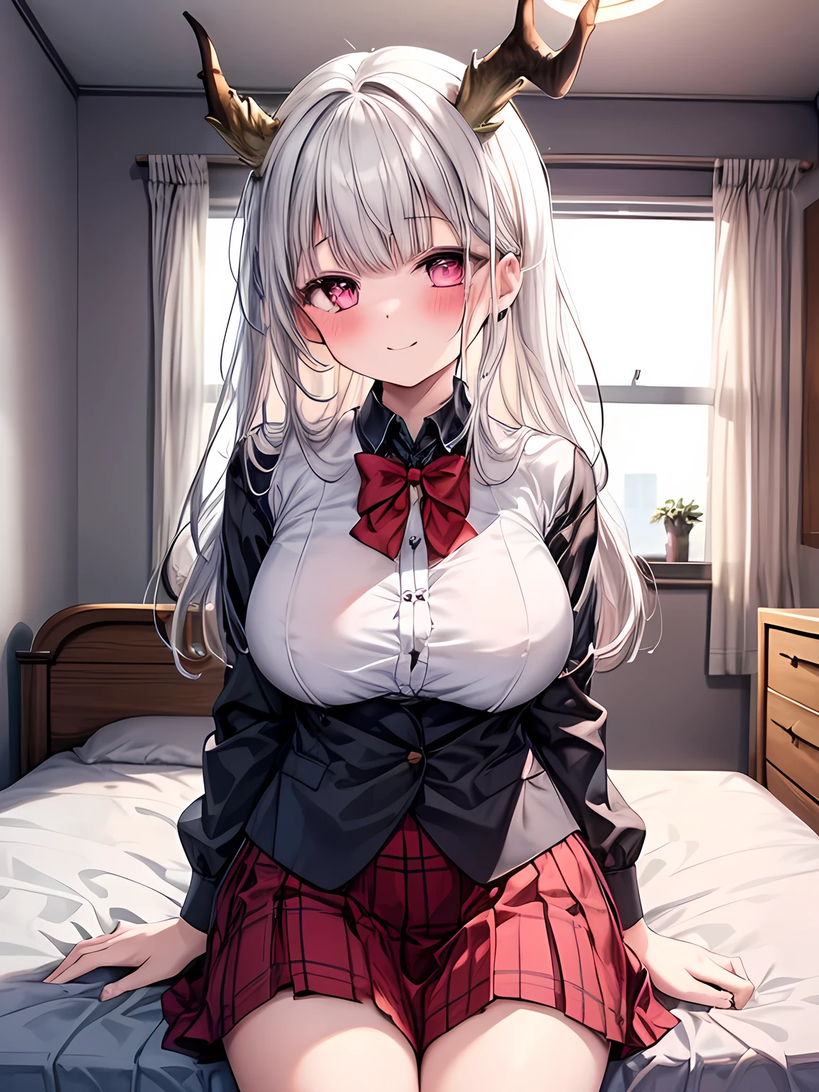 masterpiece, best quality, 1girl, solo, shimanto, large_breasts, smile, blush, school_uniform, looking_at_viewer, blush, indoor, (bed_room:1.5), cowboy_shot, horns, sit_on_bed, black_shirt, 