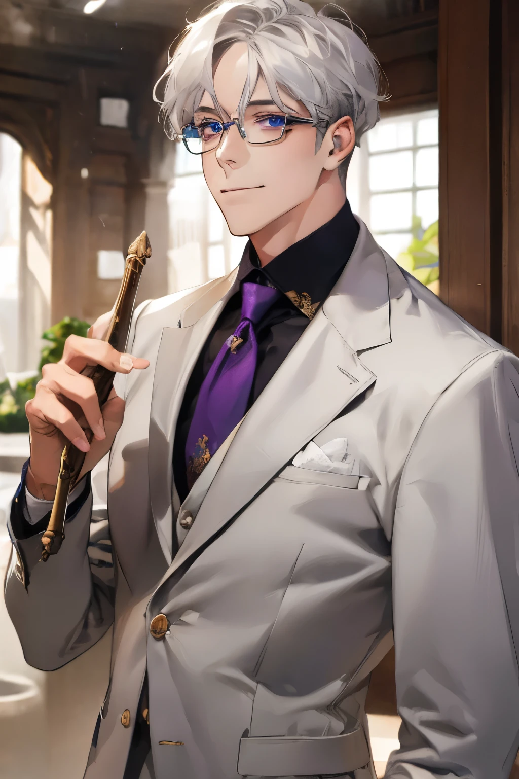 Short_silver_hair, hair_back_side, small_bangs_on the sides, 1adult_man, really_purple_eyes, beautiful_and_detailed_eyes, nice_smile, dress, white_business_suit, holding_a_silver_cane_with_gold_handle, detailed_hands, wearing_white_glasses, better_quality, HD_quality