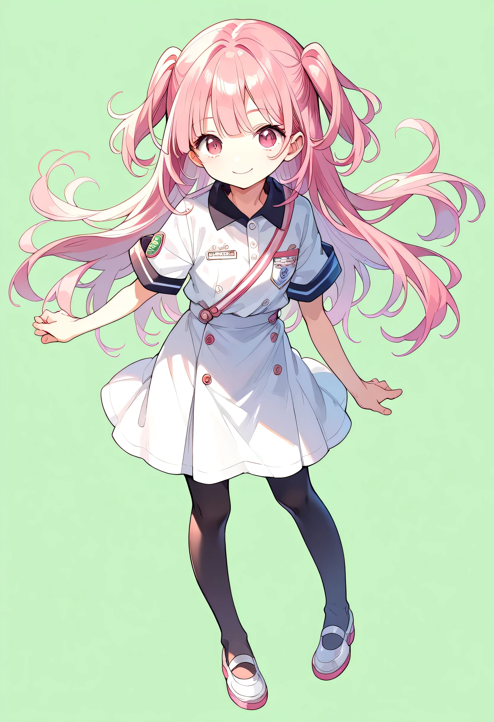 Anime girl pink hair,Pink Eyes,,Official character art,(((((whole body))))),uniform,standing,((((full body)))),toe,((simple background)),(green background), Convenience store uniform, Black thin tights, smile, One Woman, 