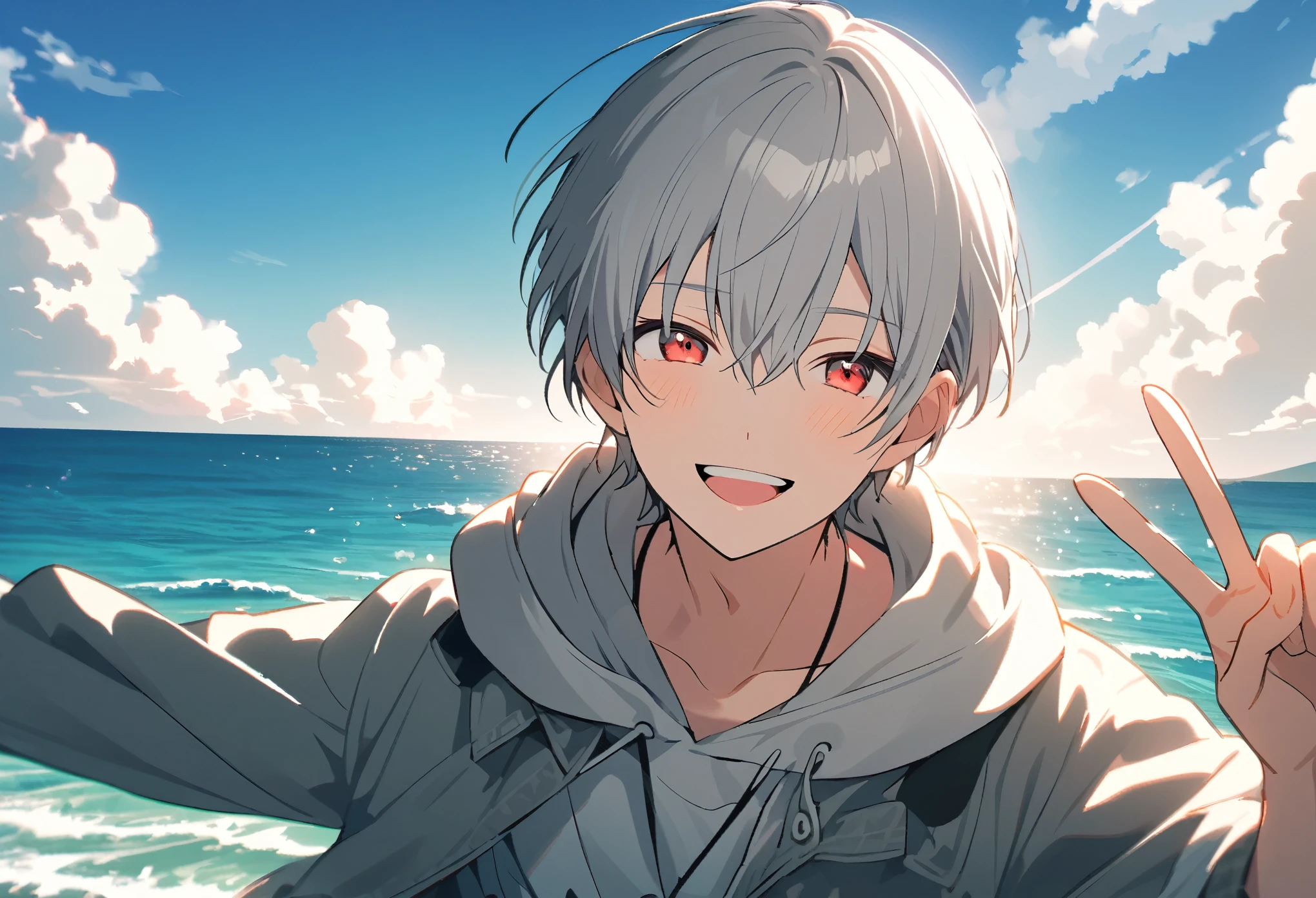 good looking, Alone, 1 male, Gray Hair, Red eyes, shirt, Black and white hooded, noon, White Light,cute目,Short hairstyle,cute,Falling from the sky,綺麗なsummerの空,Lots of white clouds,summer,sea,A sparkling view,bright,Blue Sky,Looking at the camera,Making a peace sign,smile,Laughing,