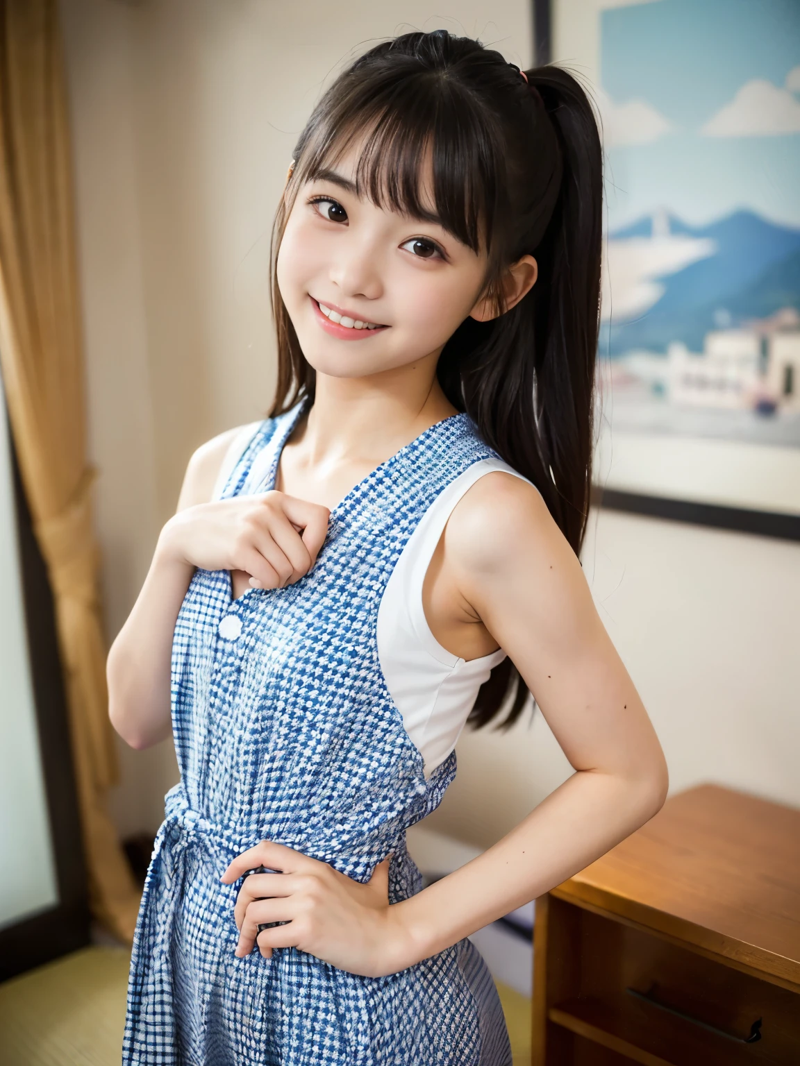 japanese woman,cute face,twin tails,one piece,frills,race,ribbon,Pose holding the edge of the skirt with both hands,I can see my underwear,shy smile,mouth slightly open