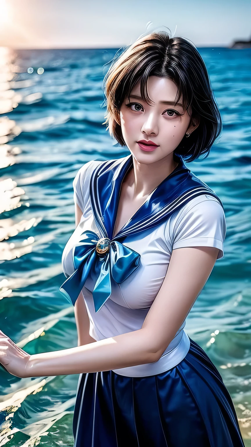 Beautiful woman short hair defined body big breasts, wearing sailor mercury cosplay