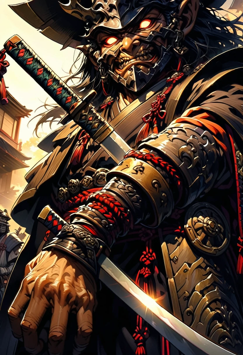 Close-up of a sword held by a samurai, face out of focus, detailed sword with edge and ornament, sword held in one hand, image taken from below reflecting the light of the metal sword