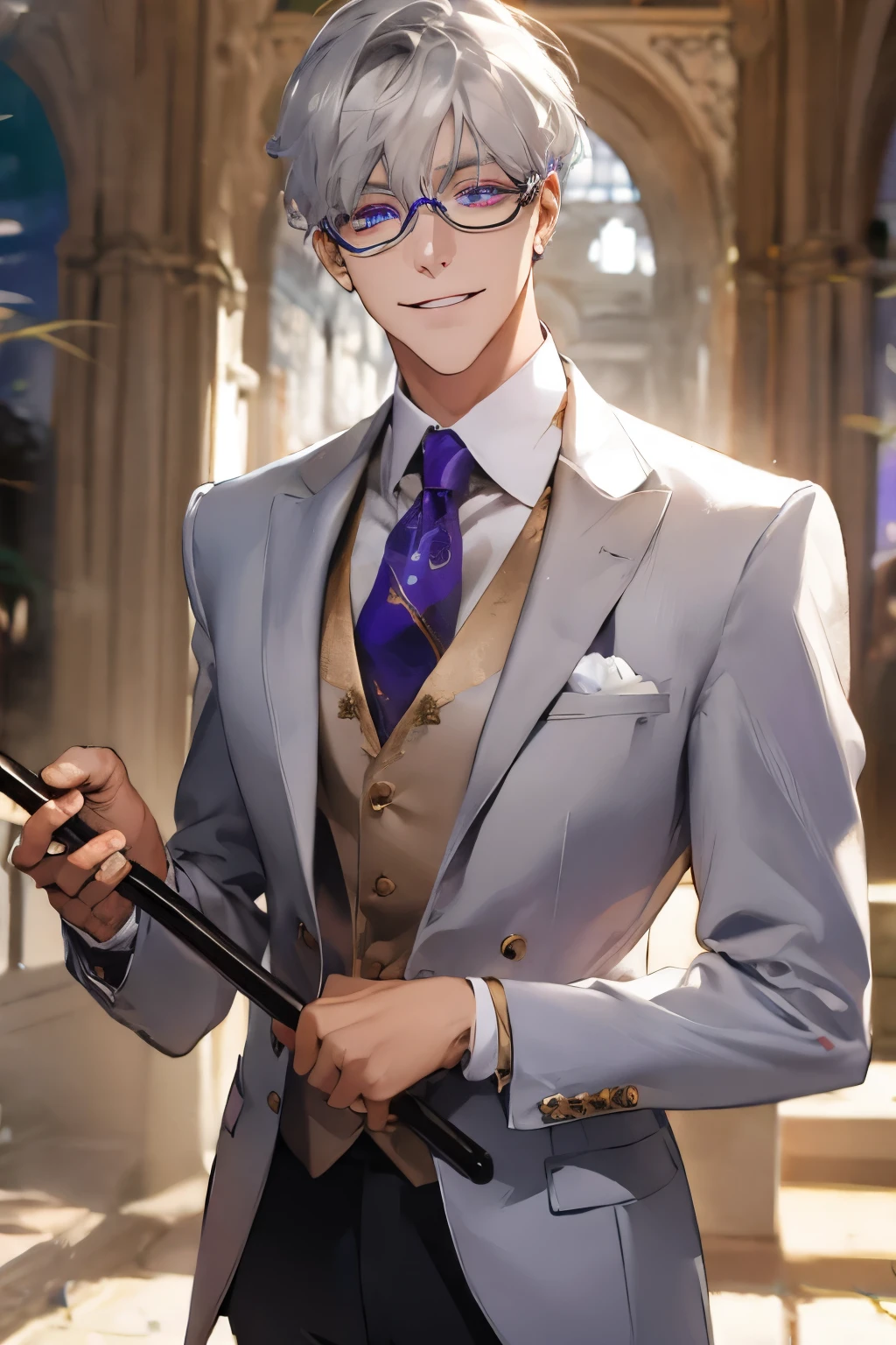 Short_silver_hair, hair_back_side, small_bangs_on the sides, 1adult_man, really_purple_eyes, beautiful_and_detailed_eyes, nice_smile, dress, white_business_suit, holding_a_silver_cane_with_gold_handle, detailed_hands, wearing_white_glasses, better_quality, HD_quality