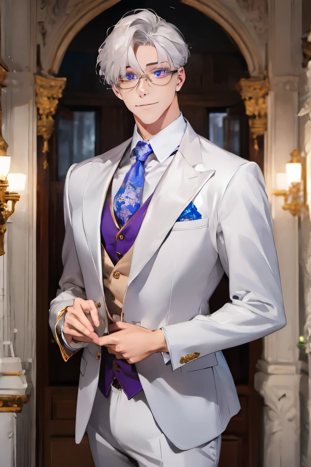 Short_silver_hair, hair_back_side, small_bangs_on the sides, 1adult_man, really_purple_eyes, beautiful_and_detailed_eyes, nice_smile, dress, white_business_suit, holding_a_silver_cane_with_gold_handle, detailed_hands, wearing_white_glasses, better_quality, HD_quality