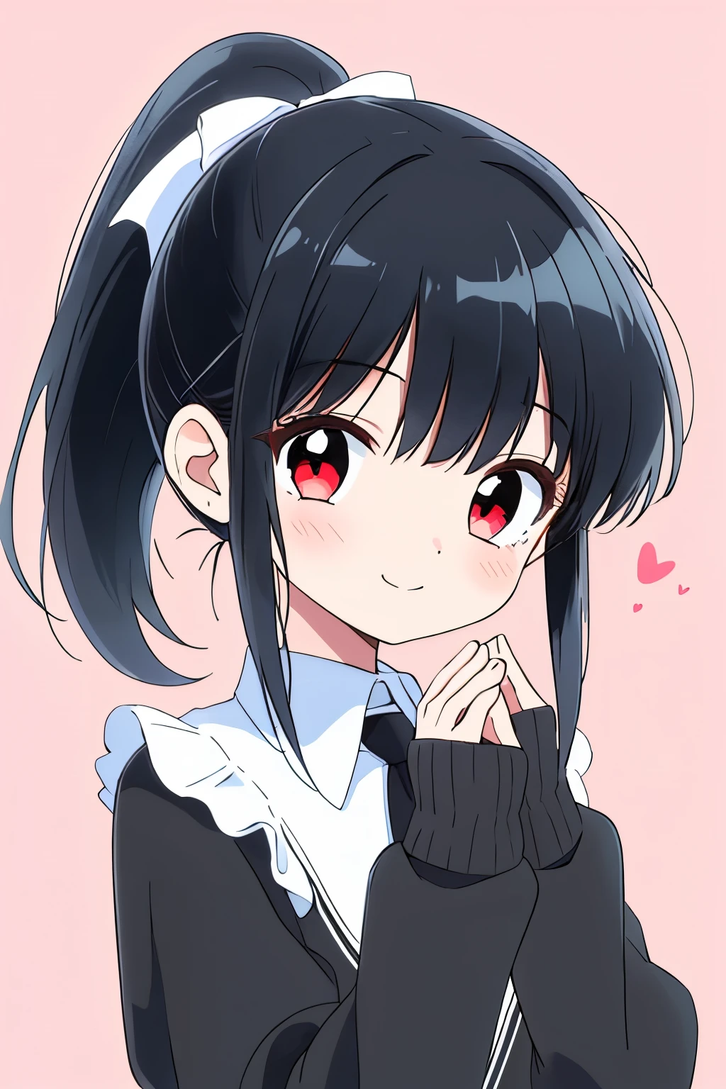 (1girl:1.2),
(shiny pitch black hair:1.3), ponytail,
red eyes,(slanted eyes:1.1),
(puff out cheeks:1.2),

Pure white Frilly blouse,
black thin ribbon tie at neck,
Put on a light pink sweater cardigan,

Perfect smile,open mouse,

Place both hands on cheeks,

 (medium breasts:1.1),
(Teen:1.1),

Whole  body photography,

Light Pink Background,a lot Small dark pink heart pattern background,


best quality,Highly detailed,sharp focus,masterpiece, natural expression,