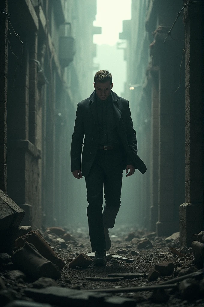 Black trench coat man,The background is the ruins of the city,There are huge monsters in the fog in the distance