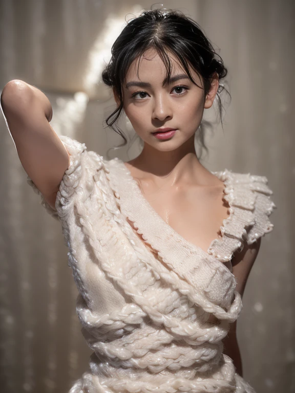 1 woman, Asian woman, white background, (Highly detailed body, very detailed face, top quality:1.4), (2 woman), looking at viewer, She has dimples on her face, I can't see her hands, (short layered hair:1.2), Her thighs are very beautiful, 8 thousand, (Cozy dangara V-neck knit dress:1.45), (Twisted dress:1.3), (skin glow:1.3), (small breasts:1.3), 