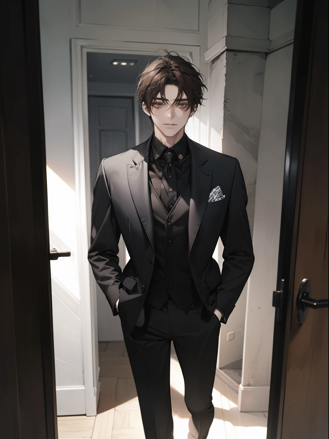 work of art, best qualityer, realisitic, 1 person, mature man, quiet and charming young man, age 25, serious look, cloused mouth, portraite, extreme detailed face, cold smile, ((dark gray eyes)), ((Straight Sweep Short Dark Brown Hair)), [thick eyebrows], ((Suit)), bonitas, lesbian full body, western, Jewish, light brown skin,Stand in front of the mirror，Organize your clothes