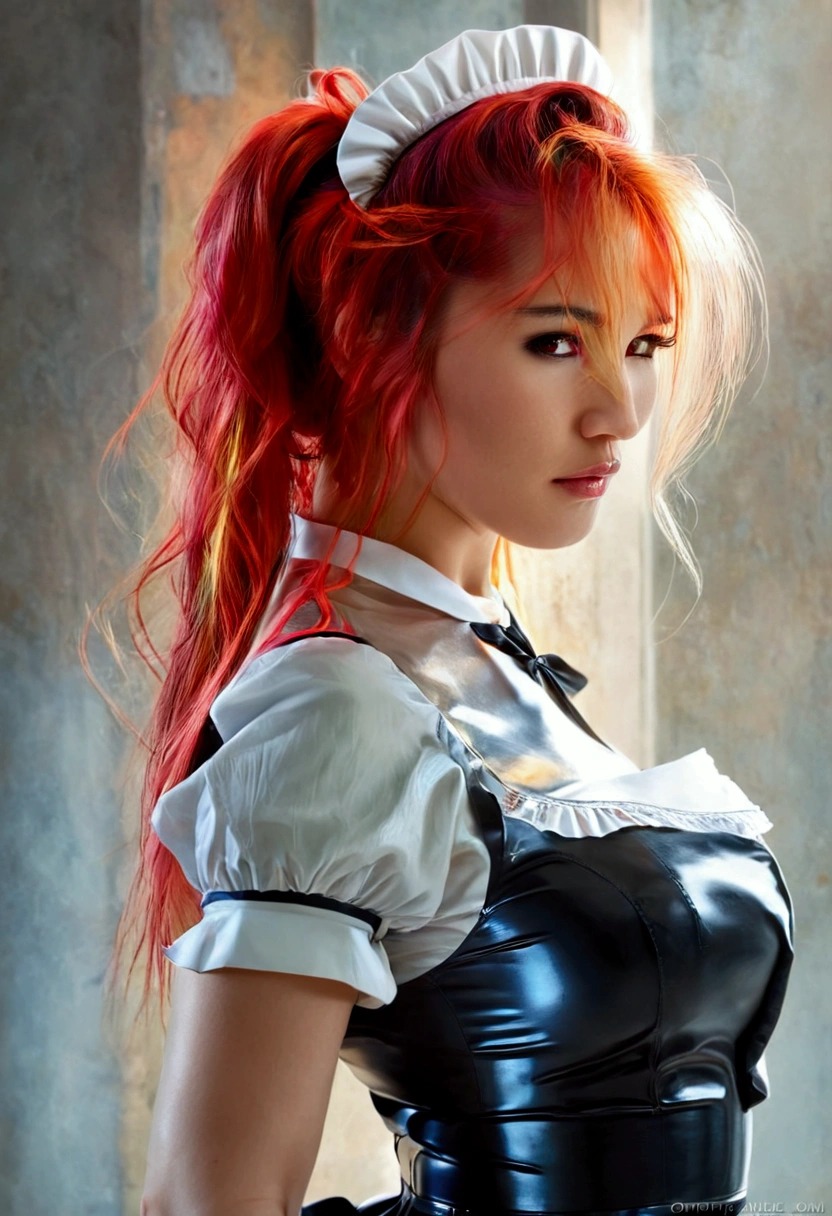 full body A beautiful young Christina Chong with large breasts wearing a latex maid uniform, long detailed hair in a half-up hairstyle, highly detailed, photorealistic, vibrant colors, sharp focus, studio lighting, elegant, graceful, cinematic composition
looking forward 