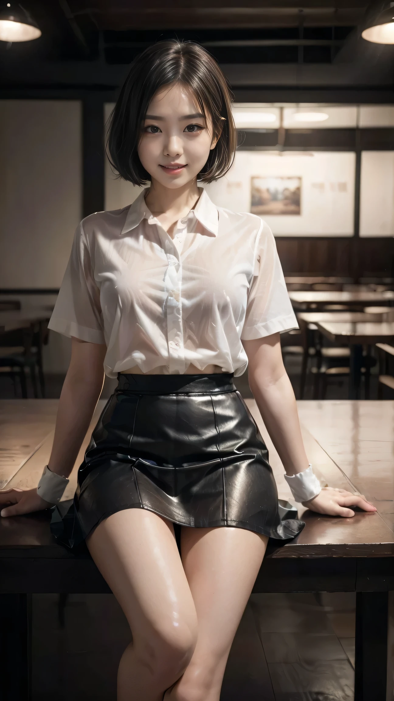 (8k, Best Quality, masterpiece: 1.2), (Realistic, Realistic: 1.37), Very detailed, 1 girl, cute, Alone, Beautiful detailed empty cafe, night, Sitting, date, ( blush your nose), (smile: 1.15), (Shut your mouth.) Small breasts, Beautiful details(Collared shirt: 1.1), night, Wet,((Plain Skirt))、Business Wear, rain, White lace, (Short Hair: 1.2), Floating Hair NovaFrogStyle,((Delicate photos))，(Detailed RAW photos of girls), (I have to play the song:1.25), (Best Quality:1.6), (Ultra-high resolution:1.5), (that&#39;s photoRealistic:1.75), 8k resolution,:1.6),  Canon EOS R5, 50mm, Confused, Very detailed,Cinema Lighting、Spread your legs、(Gray patterned panties are visible)、