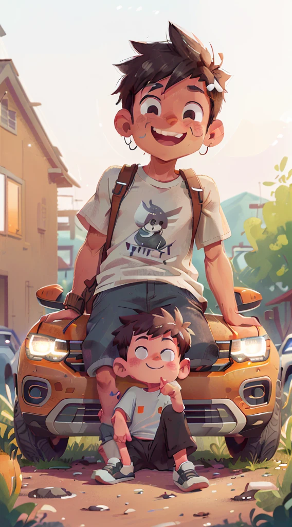 raw, 8k, masterpiece, complex background, best quality, best quality, super detailed, illustration, (1 little boy: 1.2), train, black eyes, black hair, white short sleeves, blue shorts, white socks, round face, Chinese, full body