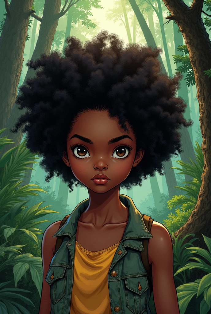 A young teenage girl with tanned skin, yellow eyes and curly frizzy hair with a look of confusion, she is in a forest, she is wearing pink havaianas, I want vibrant and very eye-catching colors, comic book style.