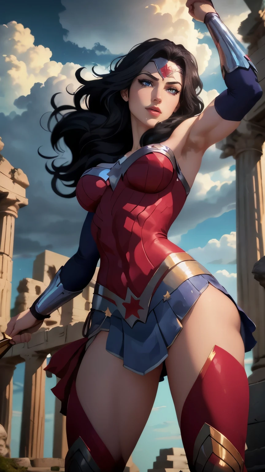 wonder woman da DC,(best qualityer,4K,8k,high resolution,work of art:1.2)(weather: cloudy), greek temple background, temple ruins, long curly hair, black hair, red top, blue micro shorts, red thigh high boots, diadem, long toga skirt, bracelets, flexing, ultra detailed,portrait,realistic,beautiful detailed blue eyes, beautiful detailed lips,extremely detailed eye and face, long eyelashes,average,large breasts,flying hair,beaming smile, sexy smile,powerful girl, bright coloured, dramatic lighting,