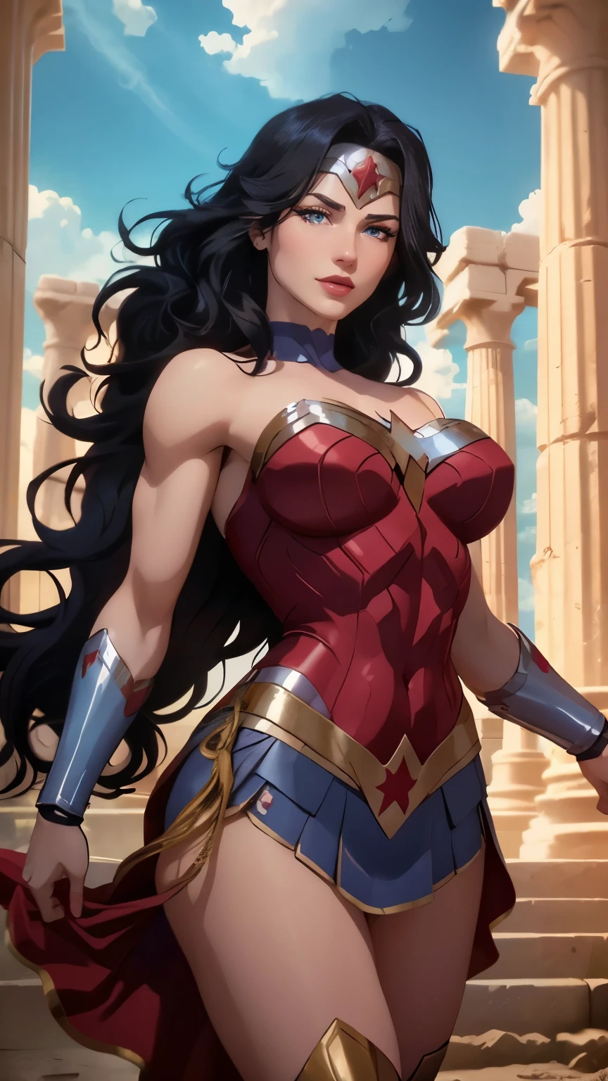 wonder woman da DC,(best qualityer,4K,8k,high resolution,work of art:1.2)(weather: cloudy), greek temple background, temple ruins, long curly hair, black hair, red top, blue micro shorts, red thigh high boots, diadem, long toga skirt, bracelets, flexing, ultra detailed,portrait,realistic,beautiful detailed blue eyes, beautiful detailed lips,extremely detailed eye and face, long eyelashes,average,large breasts,flying hair,beaming smile, sexy smile,powerful girl, bright coloured, dramatic lighting,