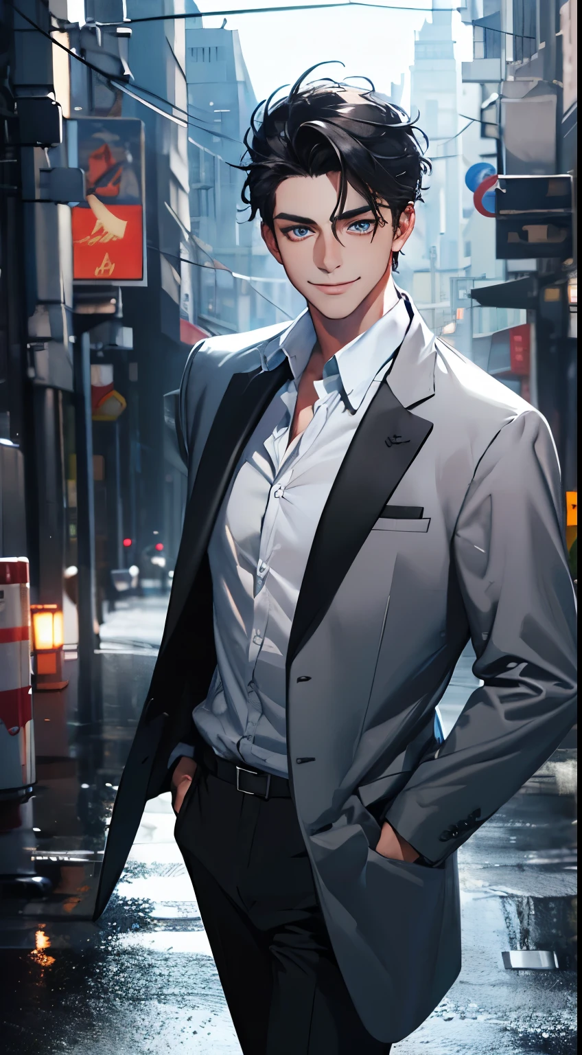 a mature man with short grey Black hair, blue eyes, 31 years, and a perfect face, smiling in love, CEO, cinematic lighting, 1:4 HDR image, top view, ultra detailed, best quality, masterpiece, 8K, photorealistic, beautiful image