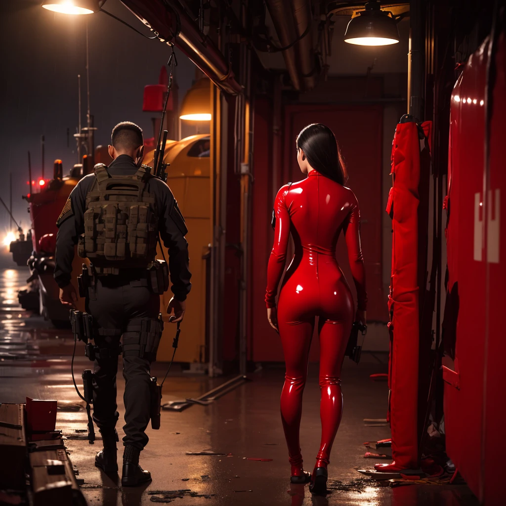 (1 girl operator wearing a red latex bodysuit) in full body from behind ready for assignment in a naval base during a rainy night, “A detailed, realistic image of a U.S. Navy submarine, the USS Alabama, preparing for a critical mission. The submarine is docked at a naval base, with crew members bustling around. The scene should show the submarine’s sleek, gray hull and the surrounding naval environment, including dock facilities, military vehicles, and personnel in uniforms.”, Ensure the lighting reflects the tension and seriousness of a military environment. Use dim, ambient lighting for interior scenes to create a sense of urgency., Pay attention to the details of military equipment and uniforms to ensure the scene is realistic and accurate.
