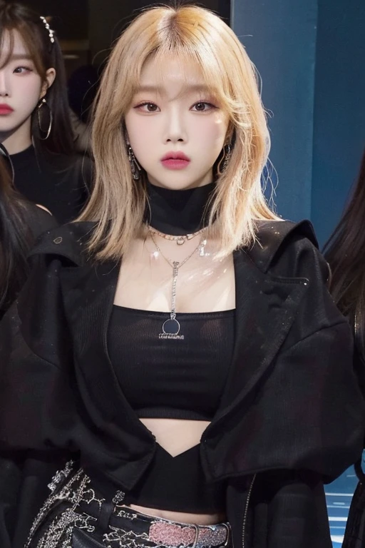 a close up of a person standing in front of a group of women, roseanne park of blackpink, sun yunjoo, jossi of blackpink, cl, taejune kim, blackpink jennie, portrait of jossi of blackpink, wearing choker, heonhwa choe, choker, lalisa manoban of blackpink, jia, jinyoung shin, cruel korean goth girl