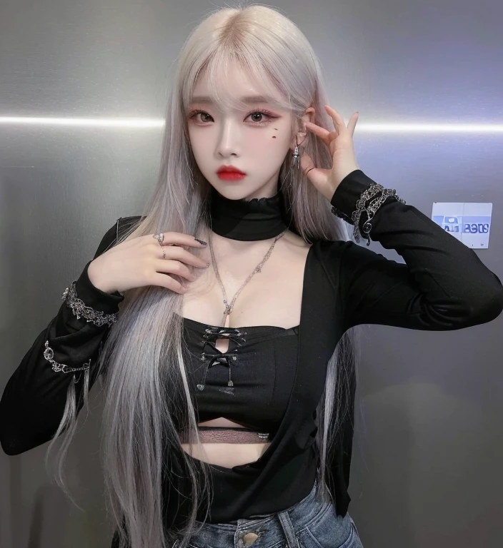 a close up of a person with long hair wearing a black top, cruel korean goth girl, ava max, 1  goth girl, 1  anime goth girl, pale goth beauty, she looks like a mix of grimes, sun yunjoo, with long white hair, goth girl aesthetic, with white long hair, belle delphine, Físico : el abdomen más pequeño jamás visto, jisoo from blackpink, popular south korean makeup, quality detailed ,(beautiful makeup :1.2), Wide hips, big, big ass, (best quality, 8K, masterpiece: 1.3), Clear focus: 1.2, Perfect body beauty: 1.4, strong abs, Very detailed face and skin texture. , detailed eyes, double eyelids, (long hair), having very marked curves, with greater volume in ((breasts))