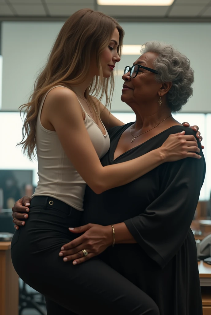 Create a photo of a 30 year old young woman, with long light brown hair tied in a ponytail with a lock of hair over her face, slender and beautiful body, wearing red sweatpants and an open black shirt without a bra with bare breasts, with white and light skin fighting a fist with an elderly black lady with dark skin, obese, did, lowrise, with short hair who is wearing a blue dress and glasses 