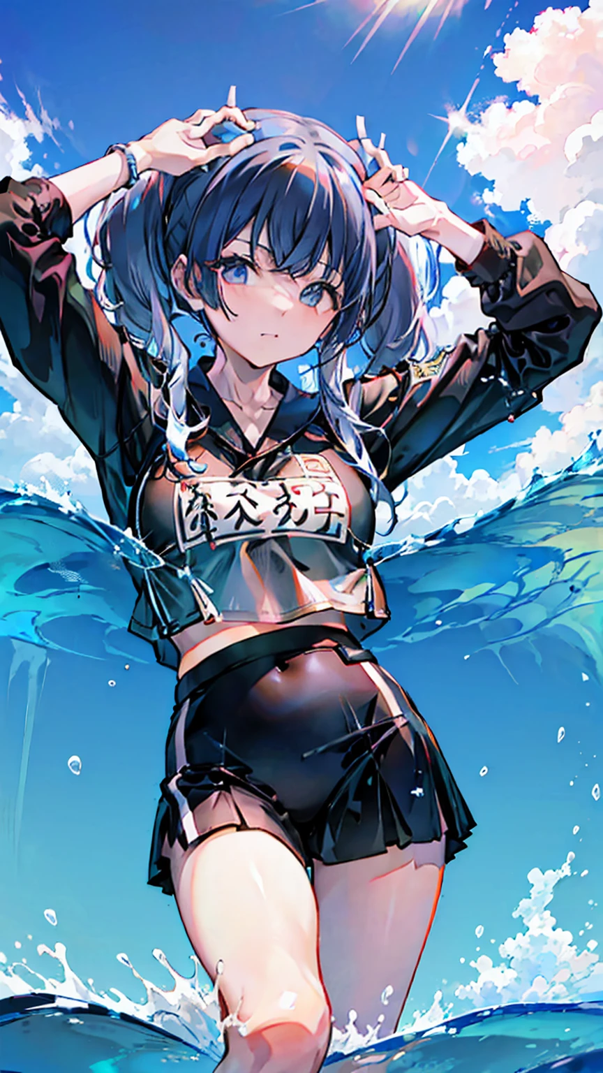 ,ultra high quality,masterpiece,(((uniform,hands_on_head))), mayuzumi_fuyuko/(idol_m@ster),(((swimming in the water around the beach))),BREAK,(((black_twintail_hair,matur_adult)))