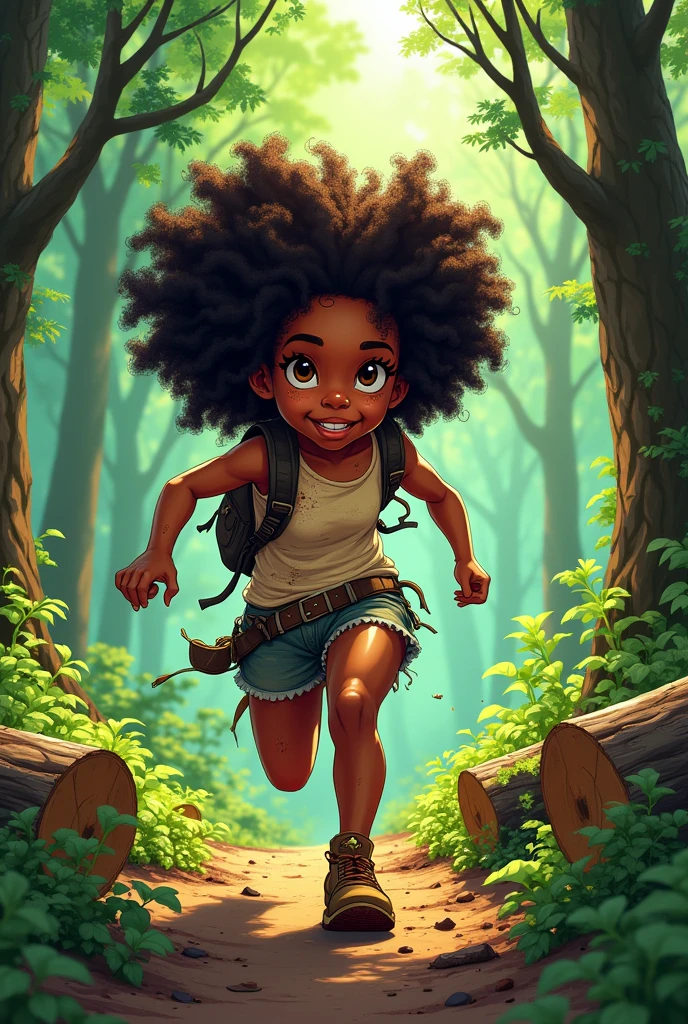 A short dark skin barefoot girl with brown eyes hiking through the woods alone. Short, puffy hair, wearing an underwood shirt and shorts. her feet are big and she has long toes. take picture close to the feet.