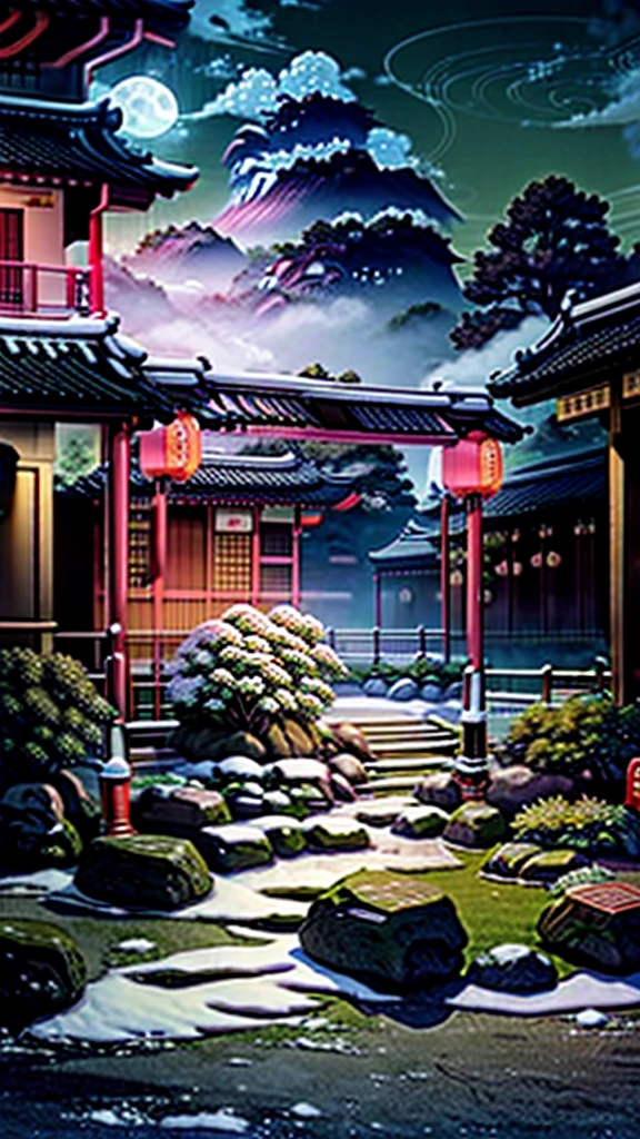 photorealistic japan mountains snow foggy clouds rocks green grass trees chinatown dragon stones smooth concrete photorealistic style sky chinatown pink flower tree japan concrete street empty night time puzzle on moon in sky