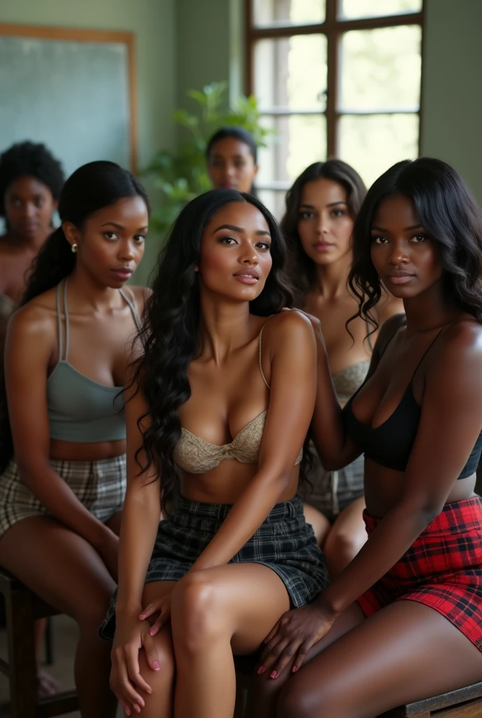 (Best Quality, 2k, Masterpiece, QHD: 1.3, A Handsome short haired african barbarian man is surrounded by three women up against him touching him and gaze at him, at a mansion, wearing Tracksuits that show off body, perfect bodies, women: long flowing hair, flowers in hair, seductive, materials, golden hour, , jewelry, golden hour, photorealistic, masterpiece, in love, small grin, perfect faces, Flirtatious-groping