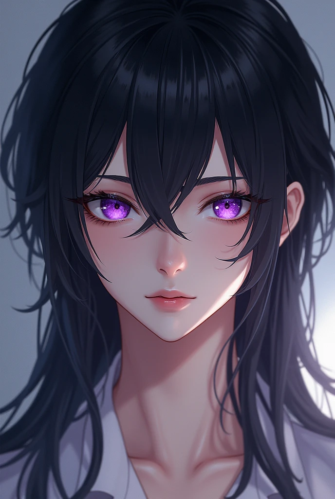 (masterpiece:1.2, best quality1:1, ultra-detailed:1.2, best shadow, 8k:1.1), (contrasting background, plain white background), (beautiful detailed face), high contrast, (perfect illumination:1.2, beautiful color, delicate color), ((cinematic light)), colorful, hyper detail, dramatic light, intricate details, (1 girl, solo, black hair, sharp face, messy long hair:1.2, wavy hair:1.1, purple eyes, glowing eyes, dynamic angle, highschool outfit, schoolgirl, upper body:1.2), (eye focus:0.9), (beautiful eyes), (purple theme), (center focus:1.2), depth of field, dark purple particles, (purple aura), makeup, red lipstick, red eyeshadow, hyperdetail makeup, hyperdetail lipstick, hyperdetail eyeshadow, 1 mole near cleavage