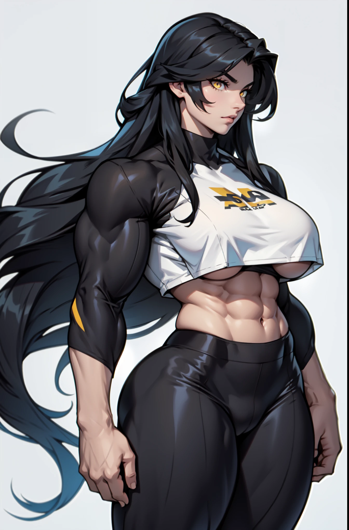 ((grey background)), solo, ((((1 girl)))), very long hair, black hair, angry, yellow eyes, (((((muscular))))), (huge tits), (thick thighs), (wide hips), pale skin, standing, slick hair, hoodie, leggings