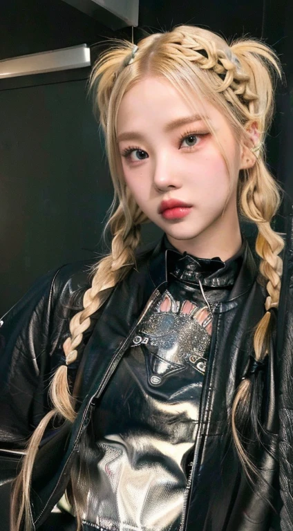 blond woman with long braids and a black leather jacket and blue like eyes, pigtails hairstyle, portrait of jossi of blackpink, sun yunjoo, ulzzang, roseanne park of blackpink, jossi of blackpink, twintails hairstyle, cruel korean goth girl, pigtail braids, pigtails hair, blond hair with pigtails, two pigtails hairstyle, cl, portrait ofkim, big tits