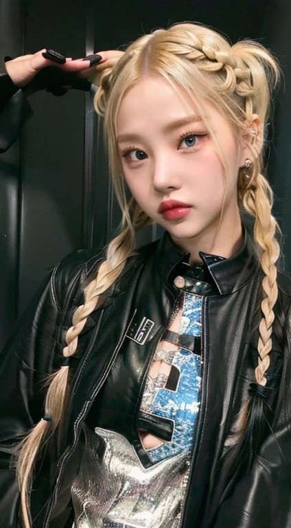 blond woman with long braids and a black leather jacket and blue like eyes, pigtails hairstyle, portrait of jossi of blackpink, sun yunjoo, ulzzang, roseanne park of blackpink, jossi of blackpink, twintails hairstyle, cruel korean goth girl, pigtail braids, pigtails hair, blond hair with pigtails, two pigtails hairstyle, cl, portrait ofkim, big tits