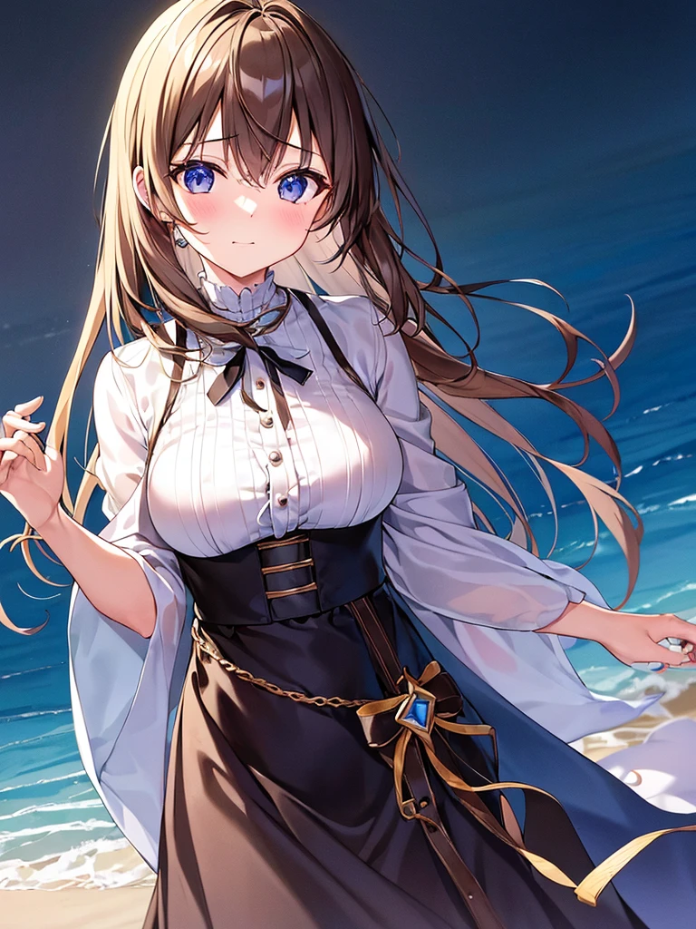 One girl, alone, hair ornaments,Pink Bikini,Beach, water, waterしぶき, smile, Turned away, Under the skirt ,Dark brown hair、Long Hair,Yellow Eyes,Oshima Itsuko,