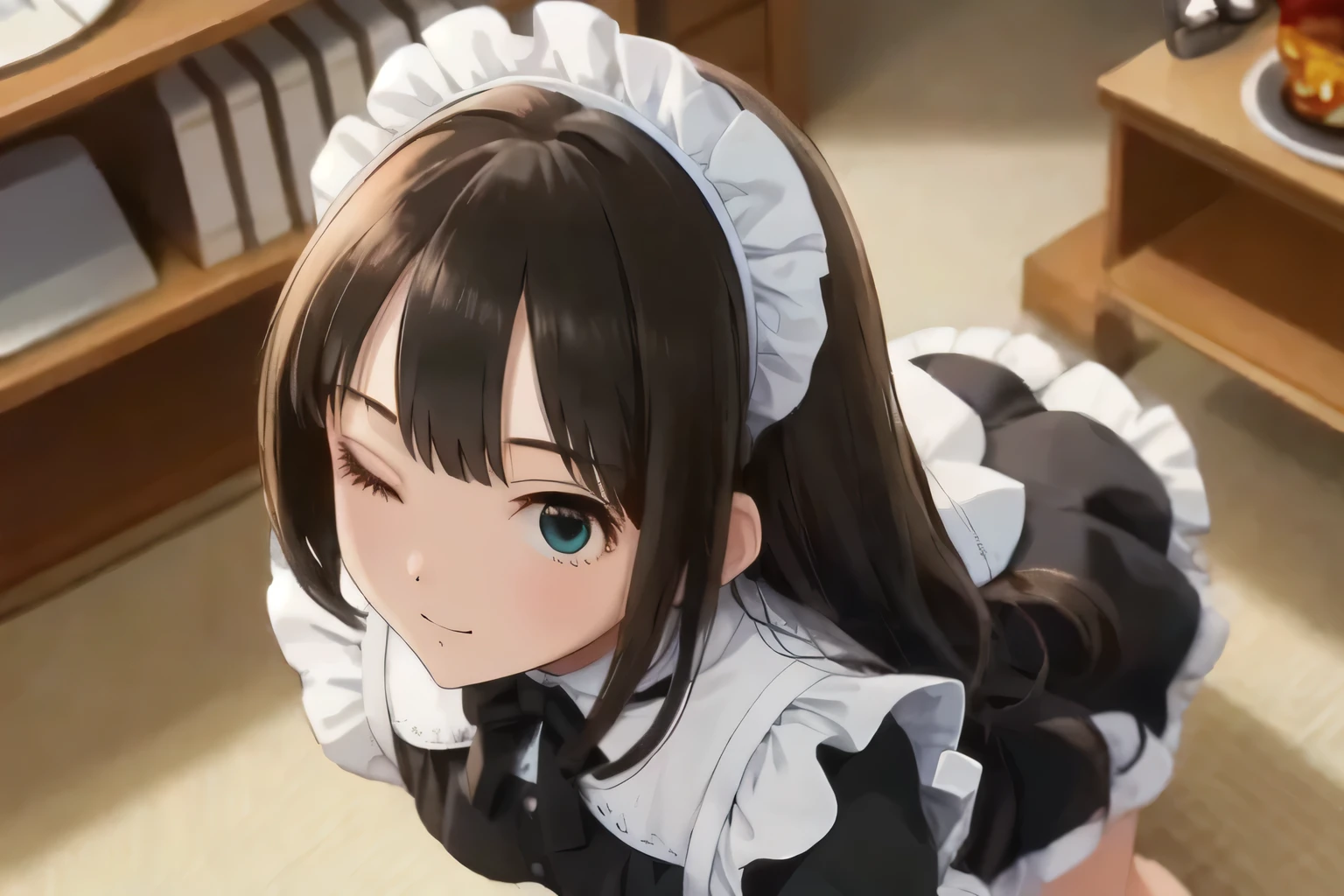 (Best Quality:1.4)、Masterpiece、Highest detail、High resolution、Photo Quality、 View your viewers、1 person、Shibuya Rin、Small face、Black Hair、((Close one eye))、maid mini dress、Full Body View、View from above