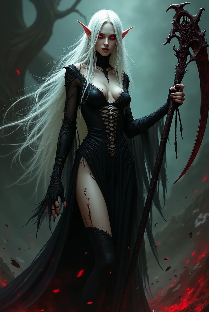 dark fantasy theme, mystical, zoomed, Dark theme, underworld theme, deviant art masterpiece, a pale girl on a dark throne, crimson eyes, grey hair, dark dress, dark tattoos, colour grading, dark illustration, extreme quality, extremely detailed
