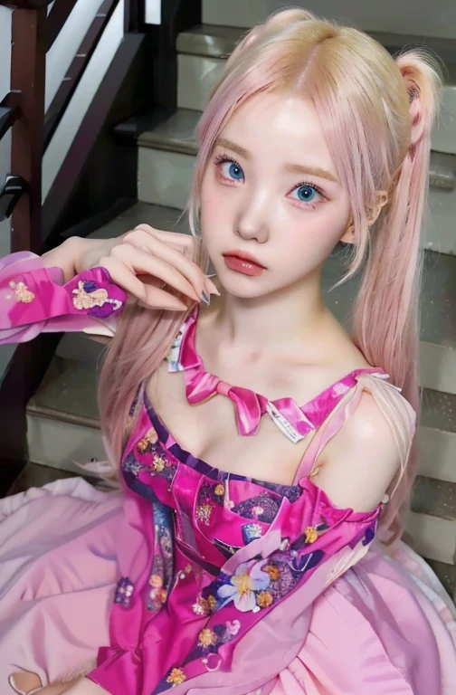 blond girl in pink dress sitting on stairs with pink hair and blue like eyes, belle delphine, her face looks like an orchid, she looks like a mix of grimes, y 2 k cutecore clowncore, cruel korean goth girl, pink twintail hair and cyan eyes, beautiful pink little alien girl, shikamimi, pink girl, anime girl in real life, fairycore