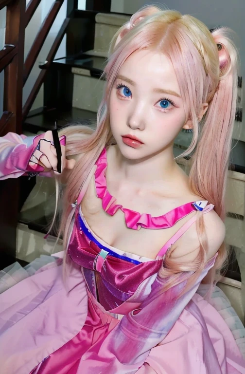 blond girl in pink dress sitting on stairs with pink hair and blue like eyes, belle delphine, her face looks like an orchid, she looks like a mix of grimes, y 2 k cutecore clowncore, cruel korean goth girl, pink twintail hair and cyan eyes, beautiful pink little alien girl, shikamimi, pink girl, anime girl in real life, fairycore