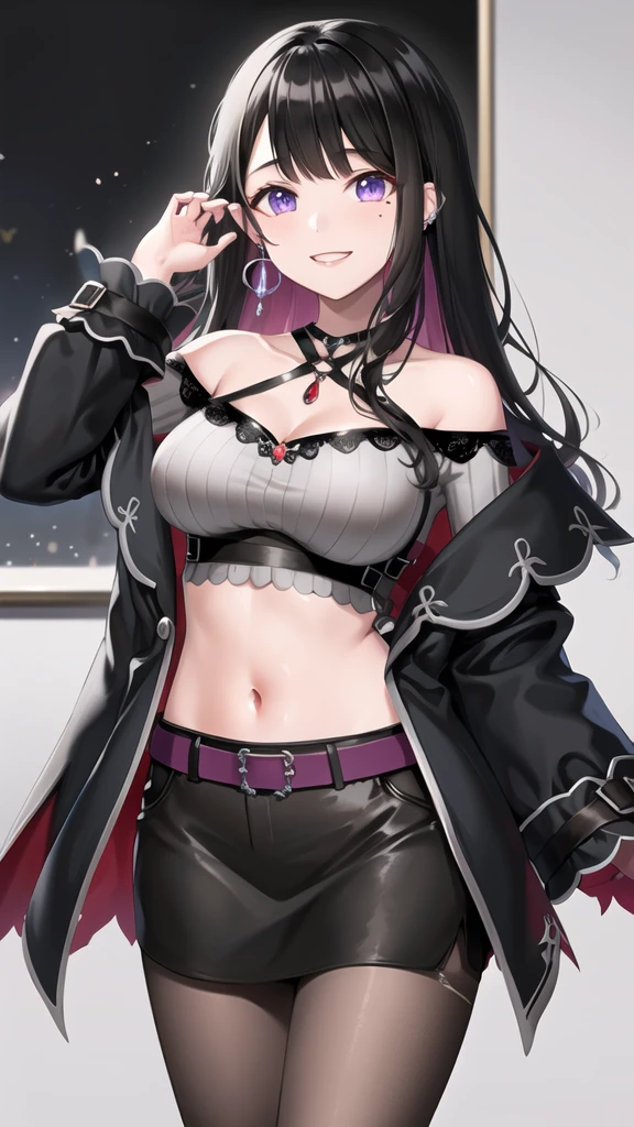 masterpiece, best quality, highres, hmkm1, mole under eye, earrings, jewelry, off shoulder, midriff, black skirt, halterneck, crop top, black coat, belt, pantyhose, standing, cowboy shot, smile,