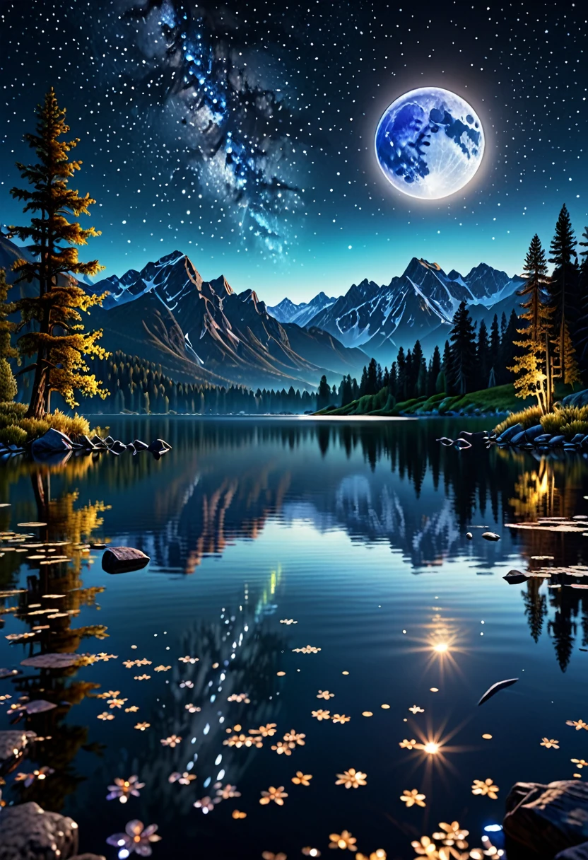 a tranquil night scene with a large glowing full moon reflected perfectly in a calm lake, night sky filled with countless stars creating a magical and serene atmosphere, silhouettes of mountains and trees in the distance framing the scene, emphasizing the bright moonlight, starry sky, and reflection in the water, vast field of crystals, (best quality,4k,8k,highres,masterpiece:1.2),ultra-detailed,(realistic,photorealistic,photo-realistic:1.37),HDR,UHD,studio lighting,ultra-fine painting,sharp focus,physically-based rendering,extreme detail description,professional,vivid colors,bokeh,landscape,fantasy,cinematic lighting