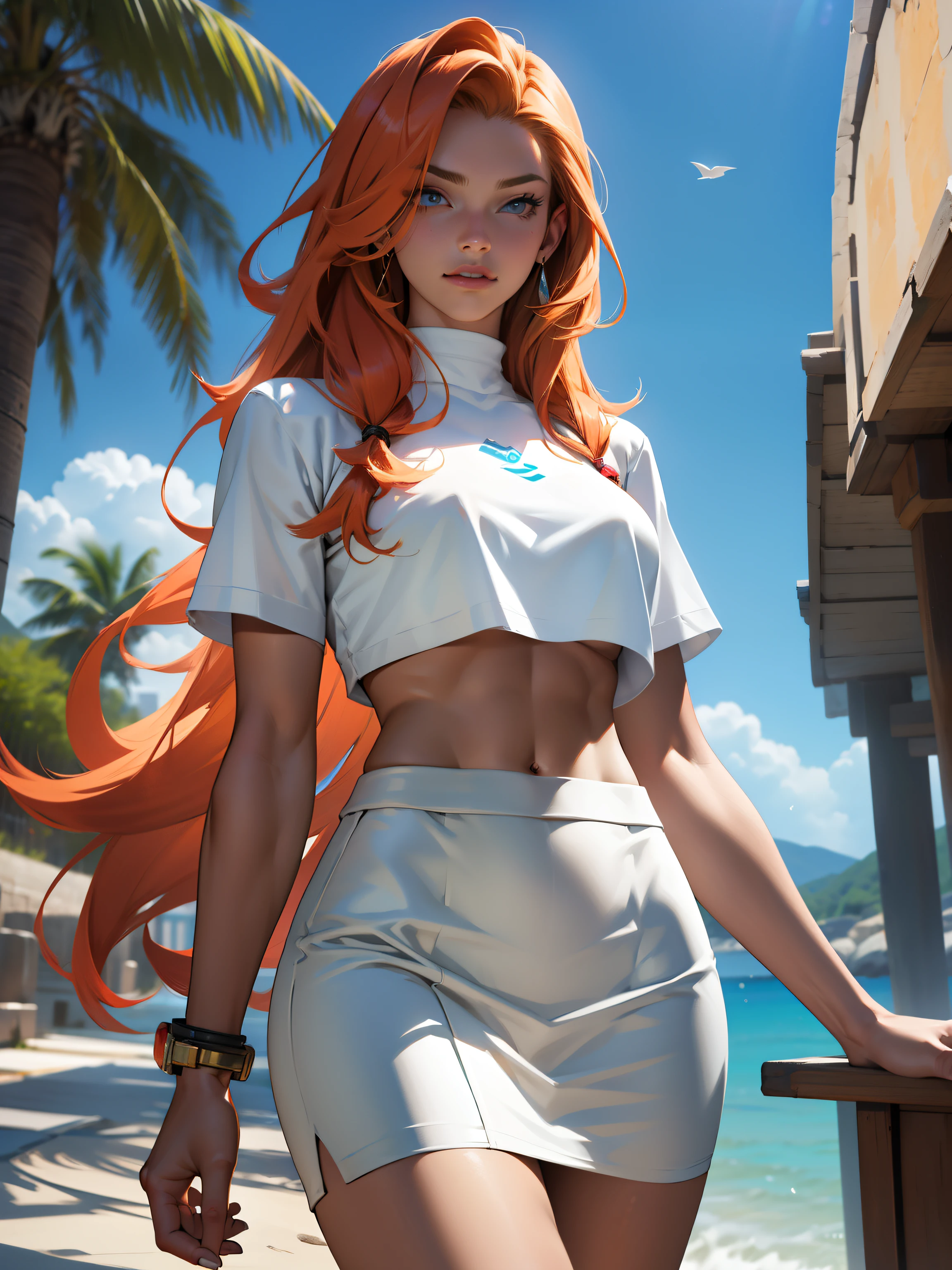 (ultra realistic,32k, masterpiece:1.2),(high detailed skin:1.1),( high quality:1.1),
<lora:eggnami:0.8>eggnami, nami, long hair, orange hair, brown eyes, headphones, sleeveless, bracelet, jewelry, underwear, swimsuit, fur trim, white topwear, pink pouch, panties,,(looking at viewer, sitting:1.1),, huge breast,<lora:add_detail:0.84>,
(volumetric lighting:1.1),     orange trees,oranges, orange garden,  <lora:colorful_fumes:0.3>colorful_fumes, colorful clouds, steam, blurry background,