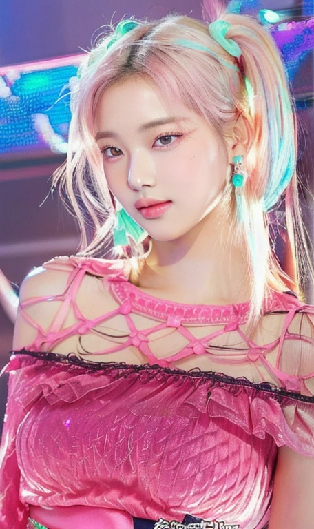 a close up of a person with a pink outfit on and pink eyes, aesthetic!!!!!! female genie, roseanne park of blackpink, kim doyoung, portrait of jossi of blackpink, lalisa manobal, pink twintail hair and cyan eyes, portrait of kim petras, with long white hair, inspired by Yanjun Cheng, jossi of blackpink, bigs tits