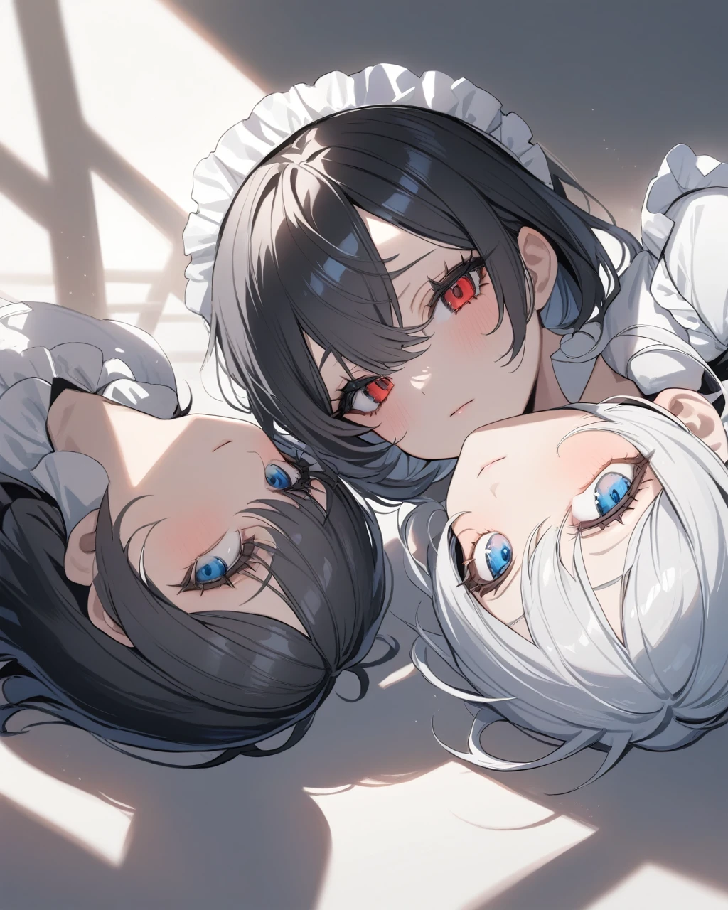 masterpiece, looking_at_viewer, Bishojo, eyes, eyelashes, closed mouth, dynamic angle, white hair, dramatic shadows, twins, black hair, maid, red eyes, blue eyes,