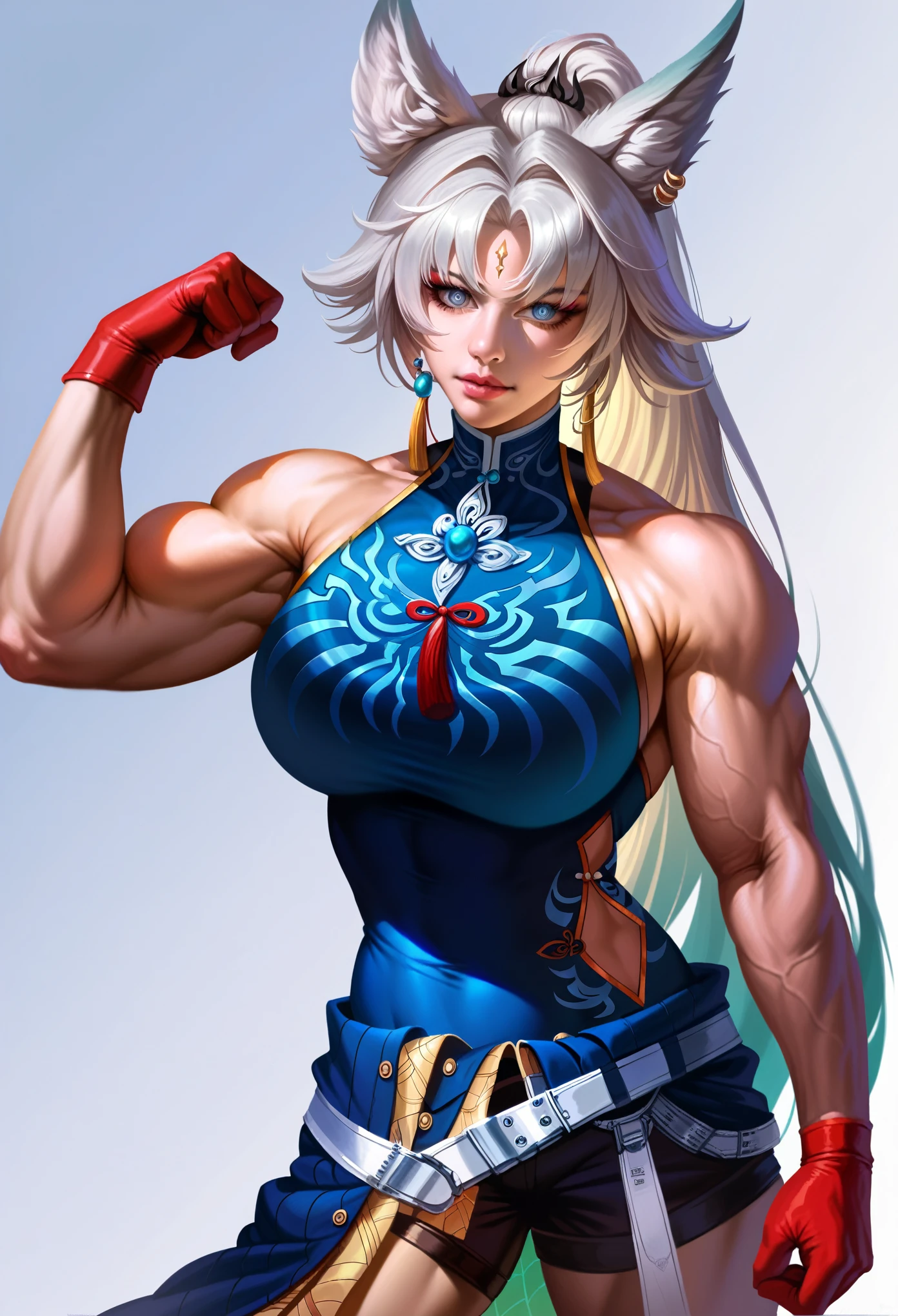 a beautiful anime girl, detailed face, blonde hair, blueSolo,1woman,view from front,  SH_HSR_Feixiao,25 yo extremely muscular woman, flawless perfectly trained body, zero body fat, mighty and hypermuscular professional female bodybuilder, dominant woman, great muscle definition,  FeiDefault, animal ears, long hair, ponytail, multicolored hair, white hair, red eyeliner, ringed eyes, forehead mark, ear piercing, tassel hair ornament, tassel earring, sleeveless shirt, print shirt, brooch, blue shirt, chinese clothes, high collar, bare arms, red gloves, fingerless gloves, white belt, waist cape, black shorts, thigh strap, knee boots eyes, long flowing hair, white background, realistic full body portrait, extremely detailed, high quality, cinematic lighting, photorealistic, hyper detailed, detailed facial features, detailed eyes, oversize t-shirt,shorts, detailed lips, detailed nose, long eyelashes, flawless skin, large breasts, delicate features, elegant pose, dramatic lighting, vibrant colors, intricate details, masterpiece, (best quality,4k,8k,highres,masterpiece:1.2),ultra-detailed,(realistic,photorealistic,photo-realistic:1.37),flexing muscles 