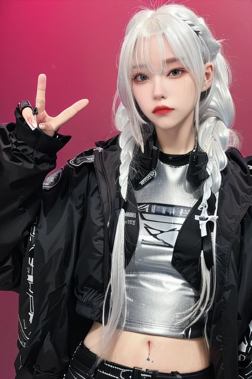 arafed woman with long white hair and a black jacket, wearing cyberpunk streetwear, perfect android girl, perfect white haired girl, cyborg - girl with silver hair, with white long hair, with long white hair, cyberpunk streetwear, silver hair girl, girl with white hair, girl silver hair, wearing japanese techwear, wearing space techwear, long braided white hair