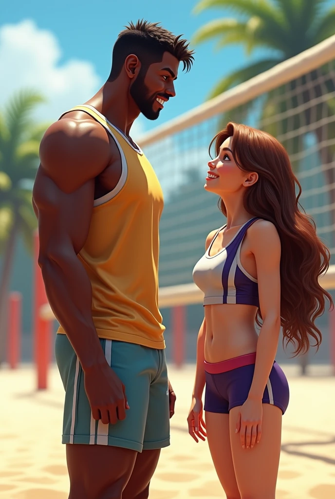 3D Pixar image of a strong man, dark brunette, shaven hair, shaved beard, long nose; with a strong black woman with long straight hair