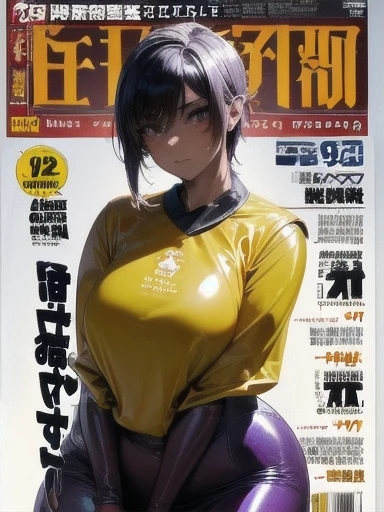 Unreal Engine 5 Realistic Rendering, wearing cosplay Shenhe from genshin impact, (cover manga magazine:1.6), game character, cosplayer, Standing on kyoto castle, beautiful face, top body is hyper realistic thicc muscle and hyper largest_breasts!! with the type of boobs_melons, lower is huge buttocks, wet shiny body, short red hair, latex white suit cleavage, harem, multiple milf, tits, nipples