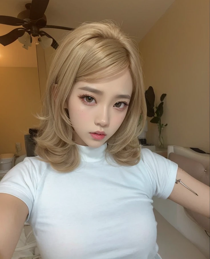 mulher loira com camisa branca e faixa preta, O corte Hime, basia tran |, com cabelos curtos, com franja, branco hime corte penteado, Ana Takamaki, franja de cortina, gemma chen, cabelo whitebangs cabelo, inspired by Taiyō Matsumoto, imagem vazada, com um corte bob, portrait of japanese gyaru, androgynous person