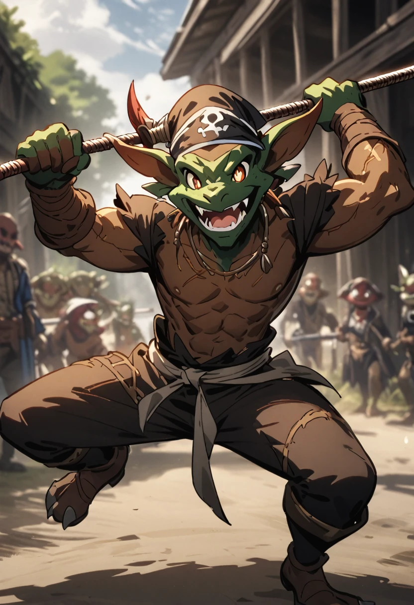  solo male, brown skin, brown scales, (((Kobold)), (detailed kobold)) wearing a adventure equipament , a pirate bandana , swing a saber, character design, action painting